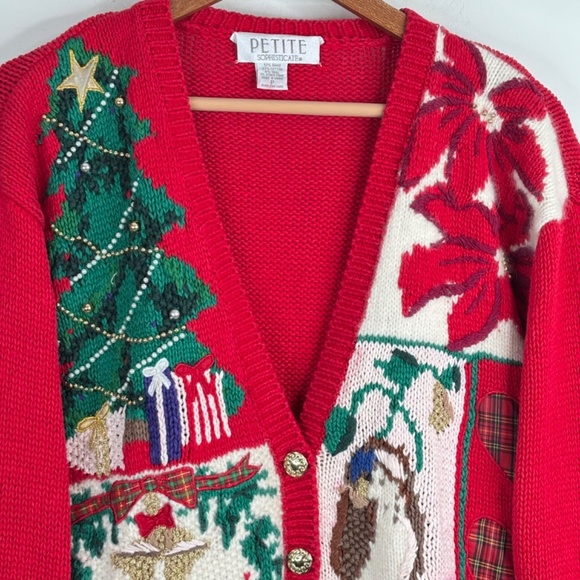 VTG 90s Xmas Cardigan P Patchwork Ugly Christmas Sweater Granny Bird Poinsettia - Picture 3 of 11